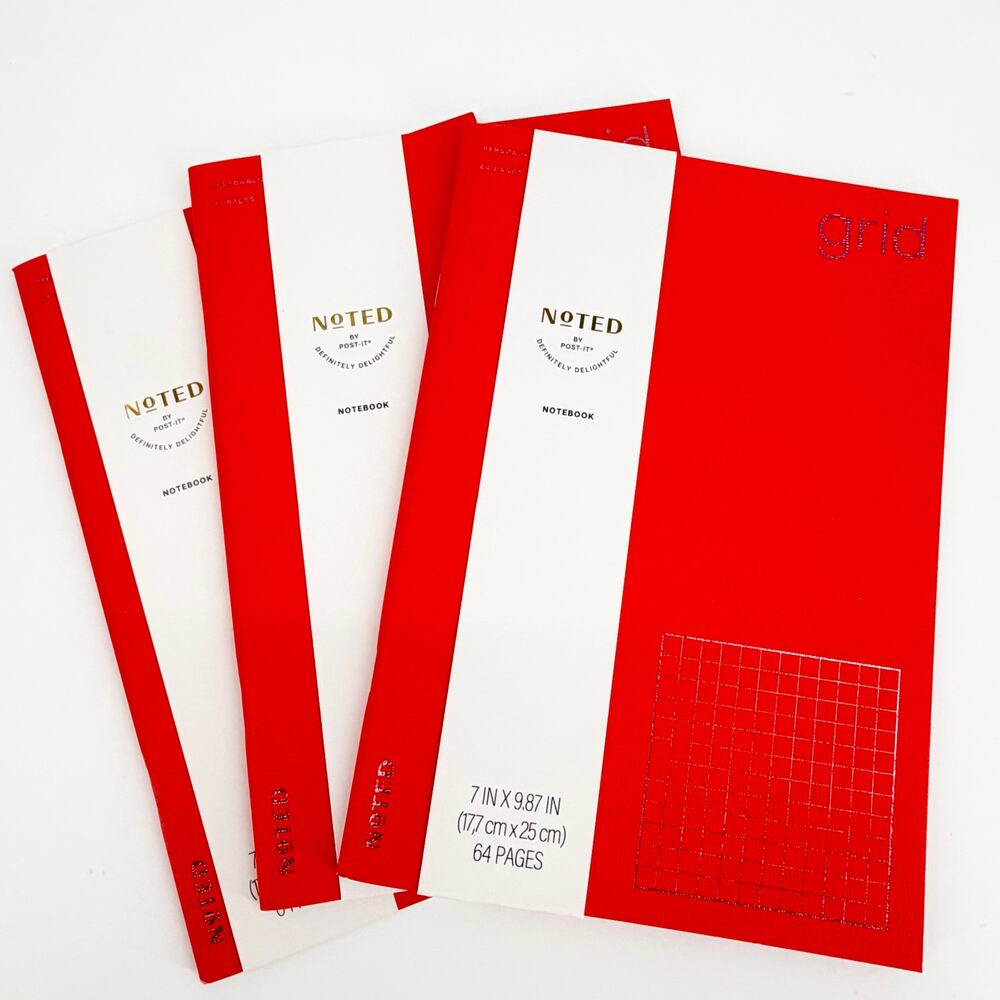 Noted by Post-it Grid Notebook Set of 3 Red Graph Paper Journals 7x9.87 New